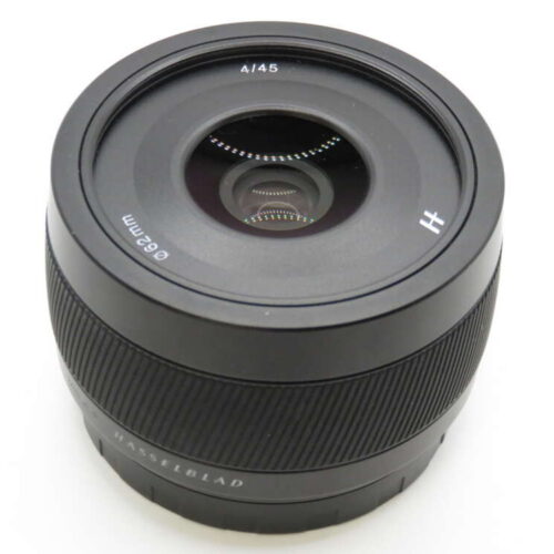 A black Hasselblad camera lens with "62mm" and "45" markings on the front element.