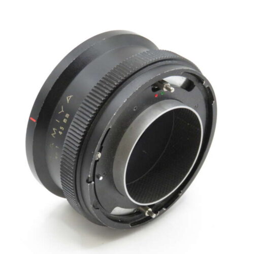 A black camera lens adapter with the text "Mamiya 645 mm" displayed on its side.