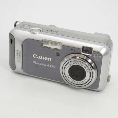A silver Canon PowerShot A450 digital camera with a 3.2x optical zoom lens, featuring a simple design and visible branding.