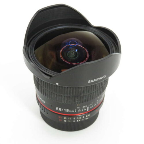 A Samyang 12mm f/2.8 fisheye lens with a black exterior and red ring detailing on a white background.