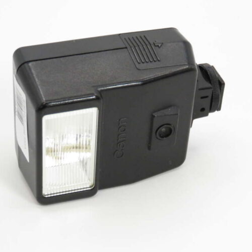 A black Canon camera flash unit featuring a rectangular light and mounting attachment.