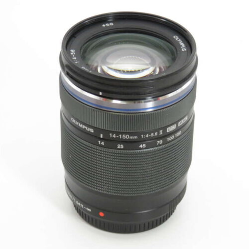 A black Olympus 14-150mm f4-5.6 camera lens with visible zoom markings and ribbed grip.
