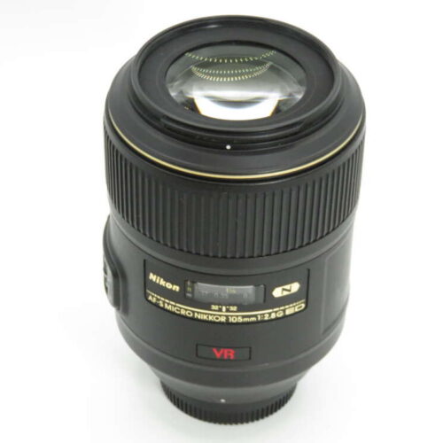 Nikon AF-S Micro NIKKOR 105mm f/2.8G lens with VR feature, showing detailed branding and focus scale.