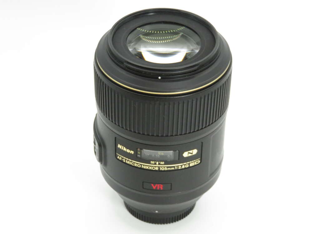 IMG_4329 Nikon AF-S Micro NIKKOR 105mm f/2.8G lens with VR feature, showing detailed branding and focus scale.