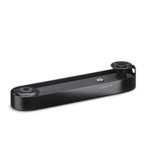 A black Leicavit M rapid winder for cameras, featuring a sleek, elongated design with text "MADE IN PORTUGAL" and "LEICAVIT M".