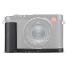 A grey Leica camera with a prominent black textured grip and distinctive red Leica logo.