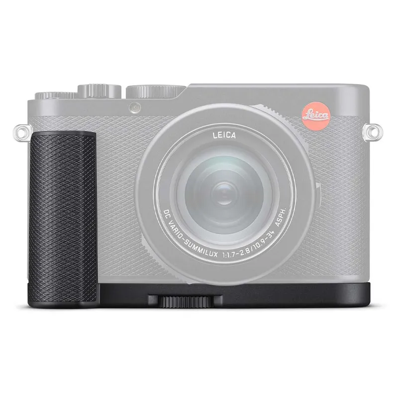 dlux8grip A grey Leica camera with a prominent black textured grip and distinctive red Leica logo.